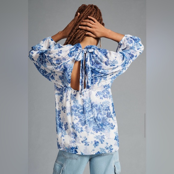 Maeve Sheer Tunic blue and white floral Blouse size small - Picture 2 of 7